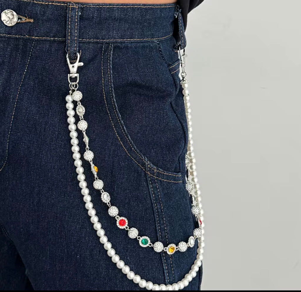Catena Pantaloni Doppia con Perle e Strass Colorati – Accessorio Jeans Silver Stile Coquette & Glam