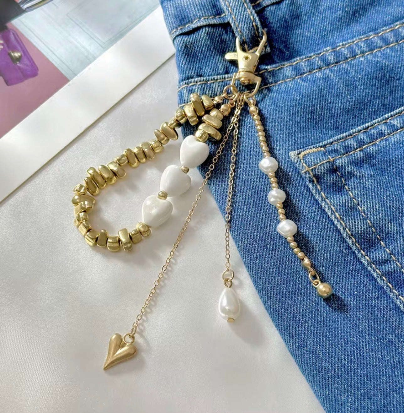 Charm Set per Borsa e Pantaloni – Fiocco di Perle, Nastro Leopardato e Catena Silver