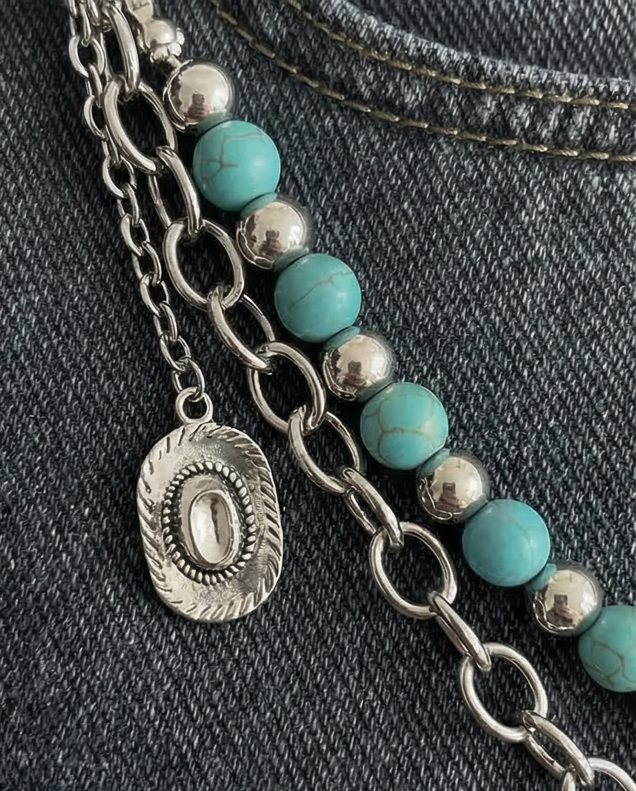 Catena Pantalone Cowboy con Turchese e Charm Vintage