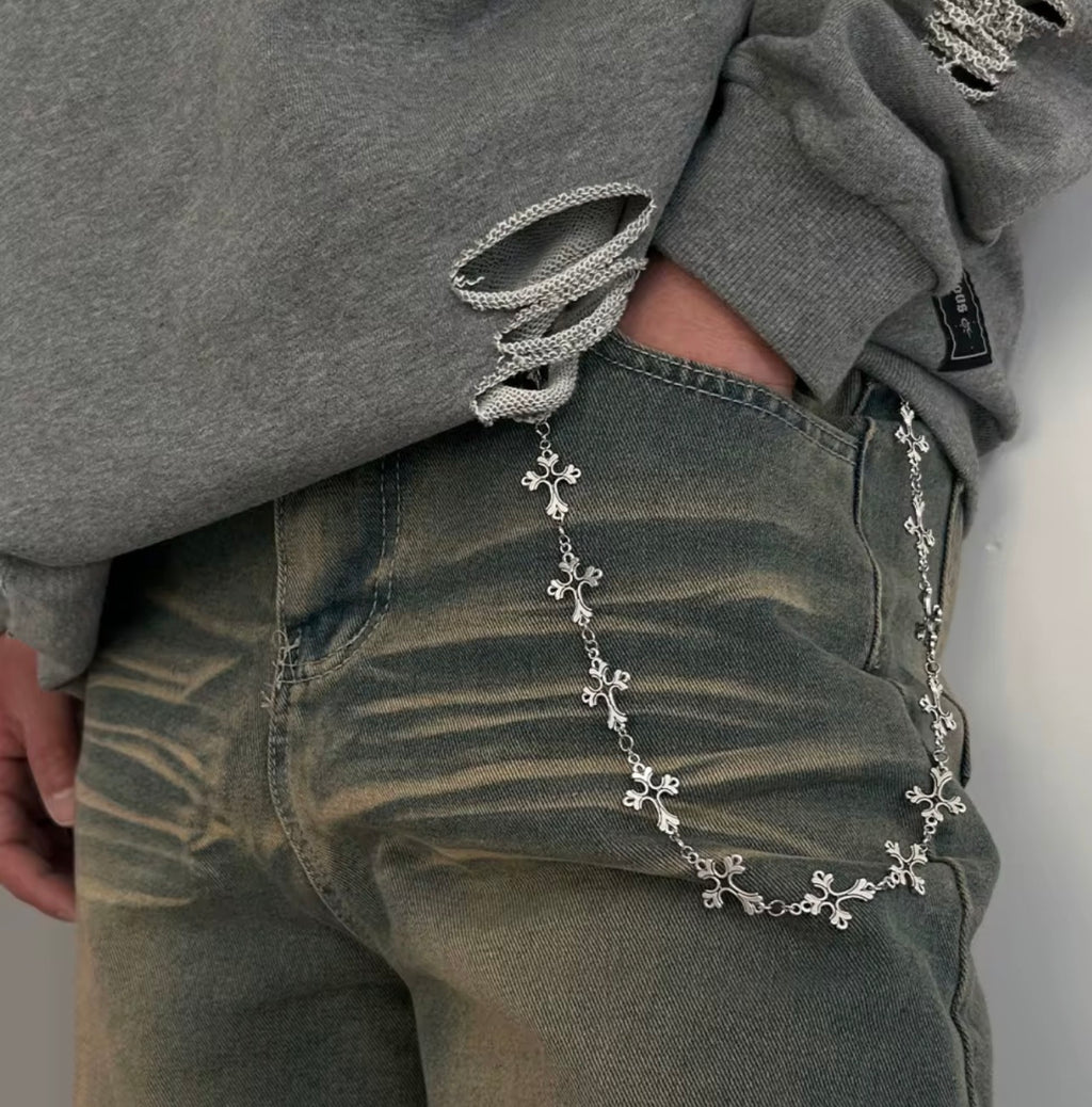 Catena Pantaloni a Maglie Crociate Silver – Accessorio Jeans Streetwear Grunge & Gothic