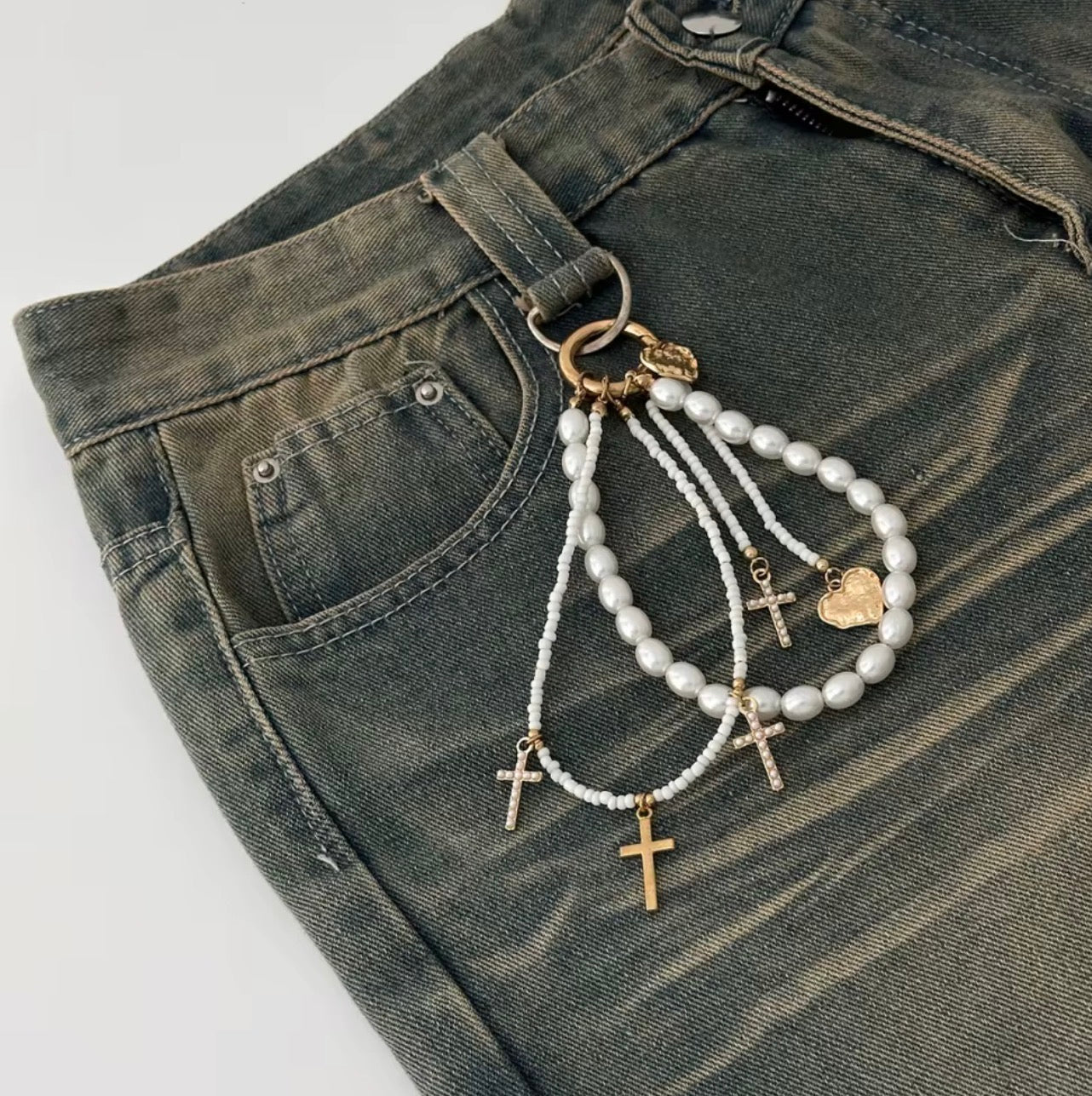 Charm Set per Borsa e Pantaloni – Fiocco di Perle, Nastro Leopardato e Catena Silver