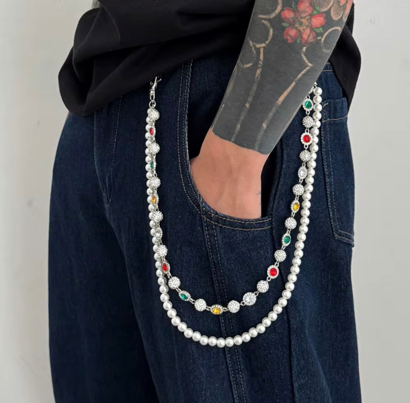 Catena Pantaloni Doppia con Perle e Strass Colorati – Accessorio Jeans Silver Stile Coquette & Glam