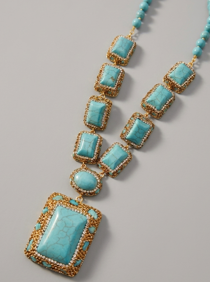Collana Statement Turchese e Oro con Pendente Rettangolare – Stile Boho-Lusso